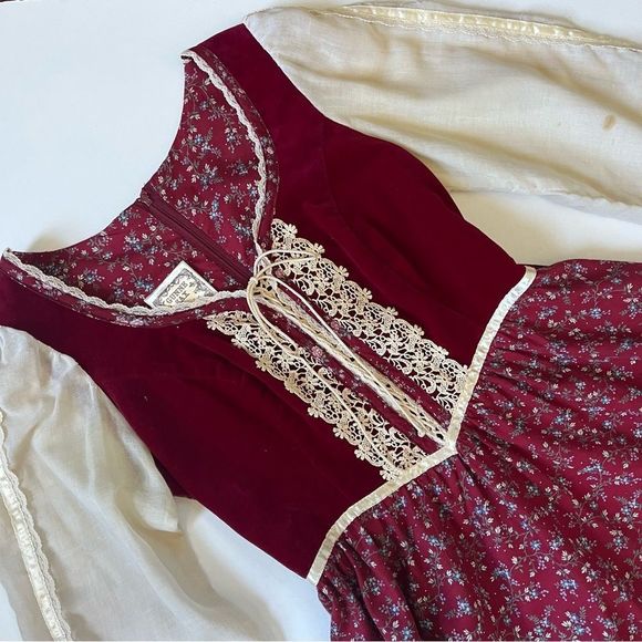 Gunne Sax Burgundy and Cream Midi Dress - Picture 3 of 15